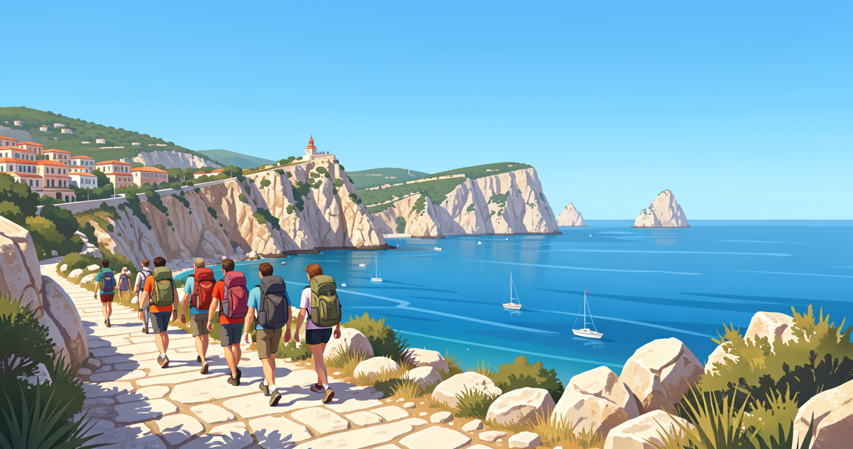 Randonnée dans les calanques de Marseille, sentier avec vue sur la Méditerranée.