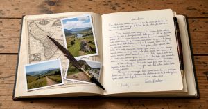 Manuscrit de récit de voyage et carnet de notes sur une table d artisan avec carte ancienne