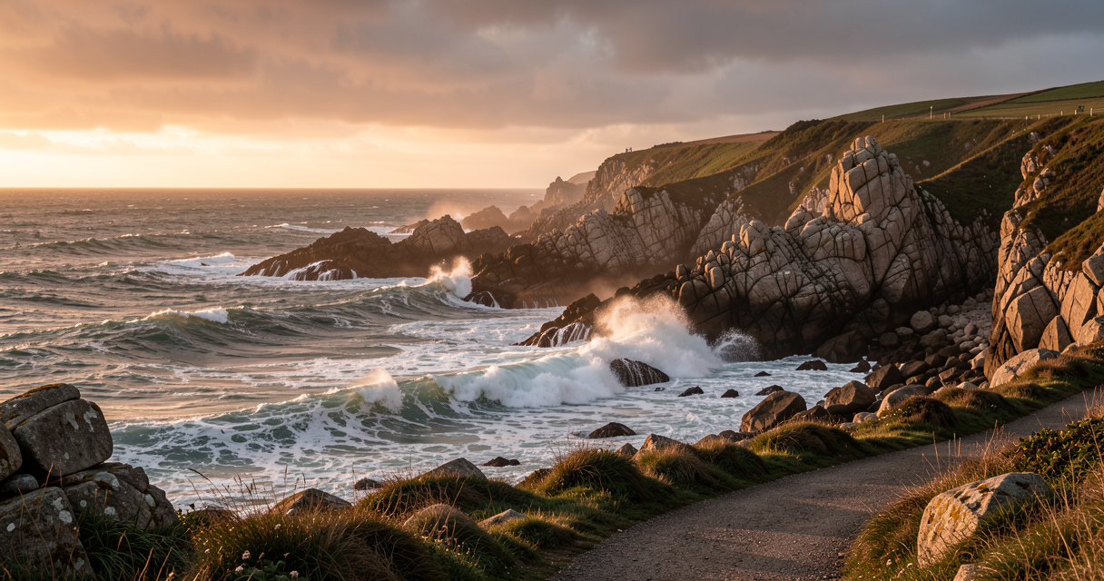 La côte sauvage du Croisic, vue depuis le sentier des douaniers au coucher du soleil