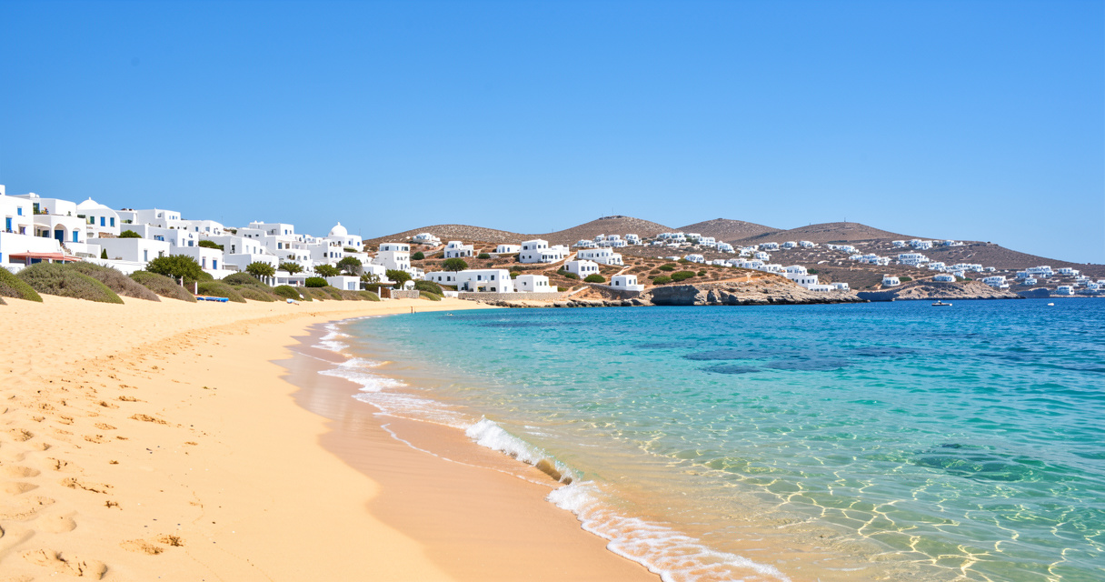 Plage de sable doré et eau turquoise, plus belle plage des Cyclades