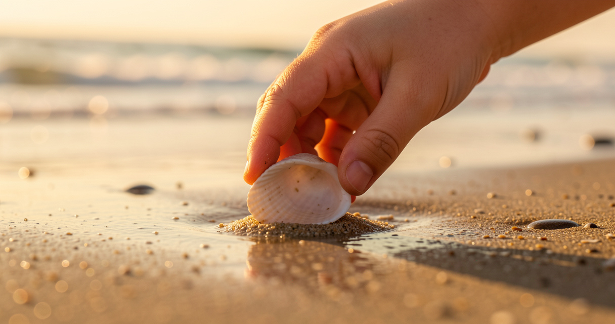 Enfant ramassant un coquillage sur une plage atlantique à marée basse