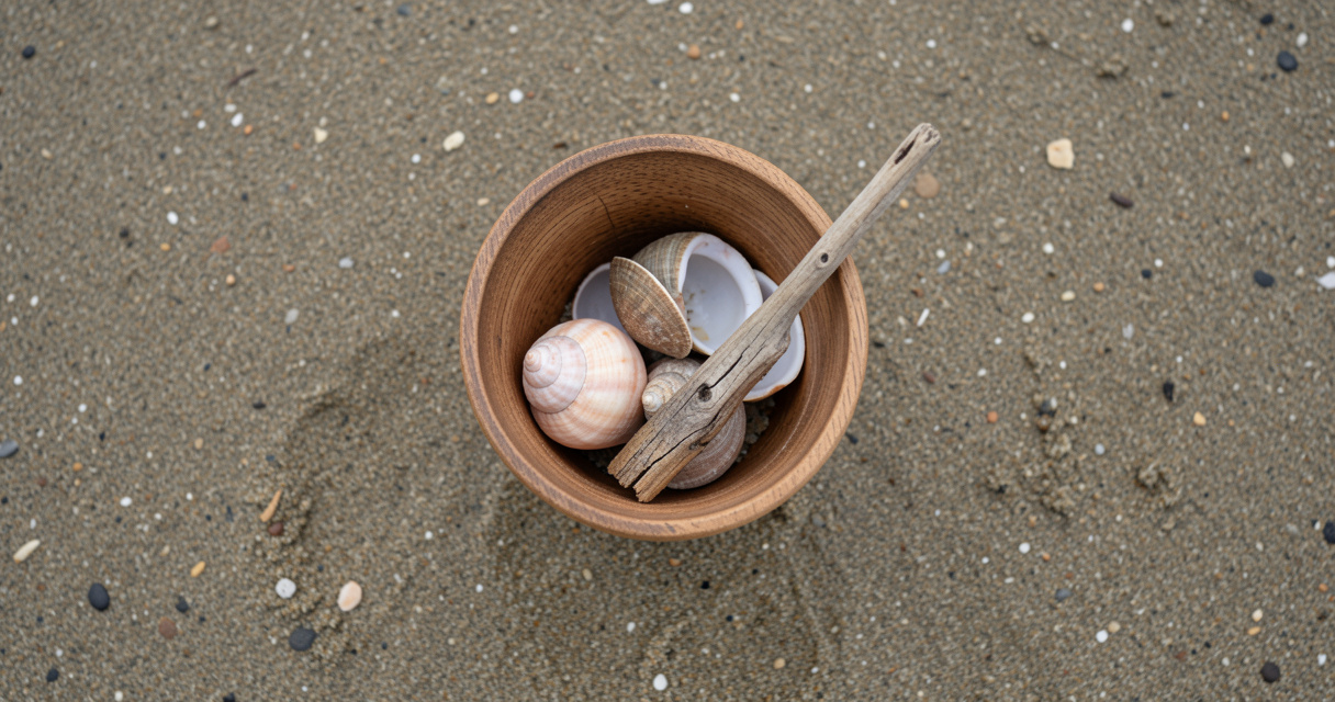 Petit seau de coquillages ramassés sur la plage en collecte responsable