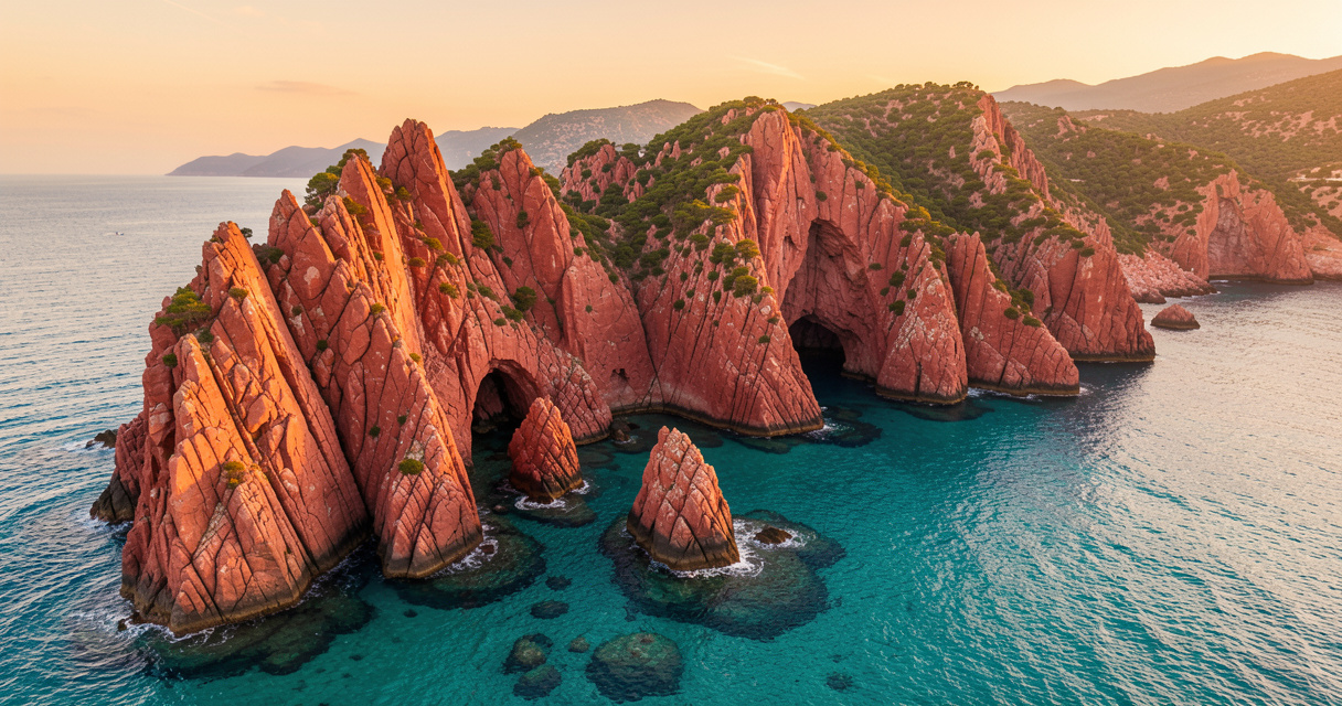 Vue panoramique sur les falaises rouges des calanques de Piana